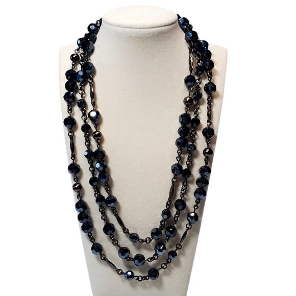 Lia Sophia Midnight Sky Dark Blue Beads AB Triple Strand Necklace 14" - Picture 1 of 6